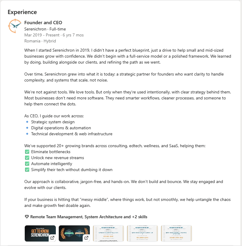 A screenshot of the Expeience section on LinkedIn, exoanded, with all text visible.