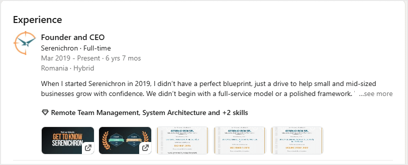 A screenshot of the Experience section on LinkedIn, not yet expanded, with just 2 visible lines of text.