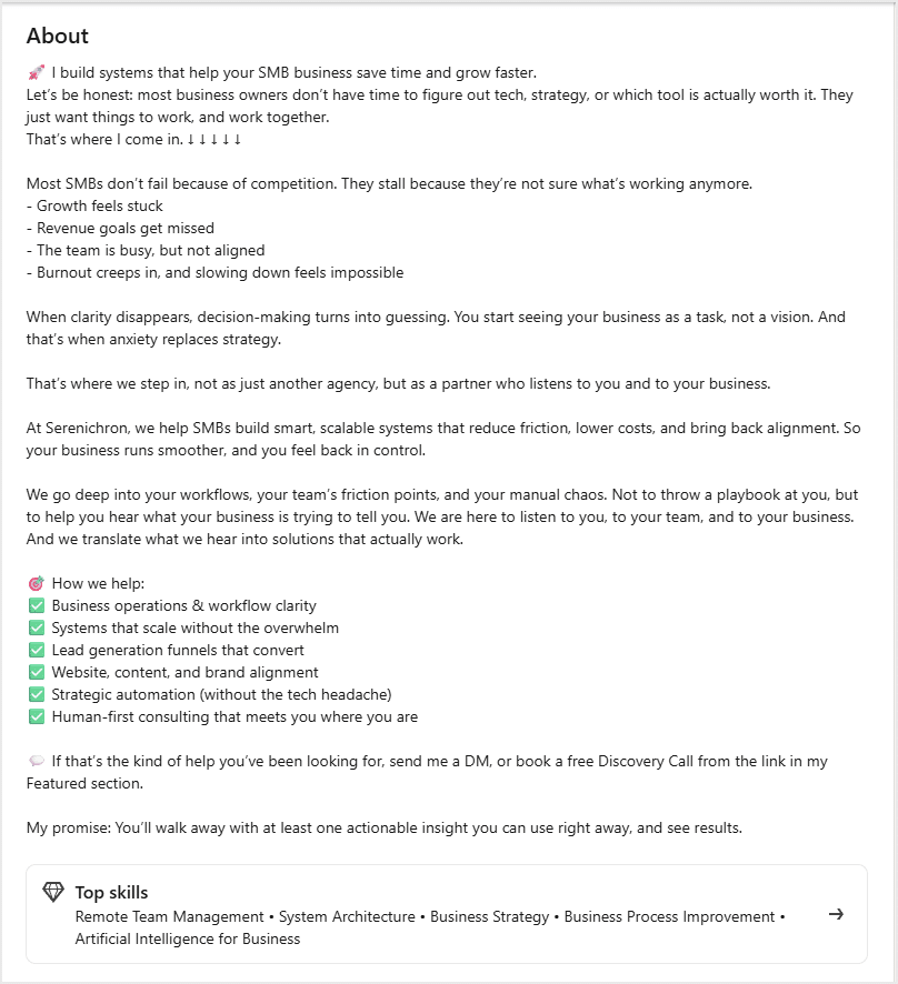 A screenshot of the About section on LinkedIn, expanded, showing the complete text.