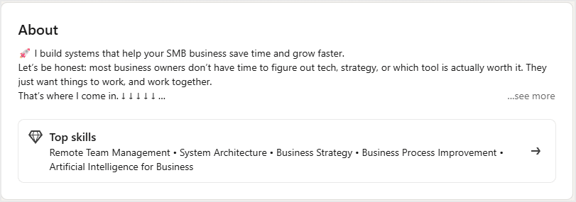 A screenshot of the About section on LinkedIn, not yet expanded, with just 4 lines of text visible.