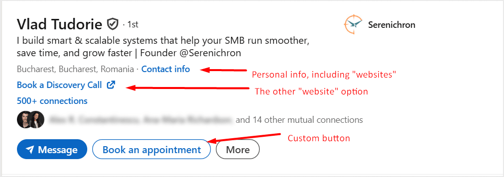 A screenshot of the info section on LinkedIn, showing the headline, contact info link, custom website link, and custom button.