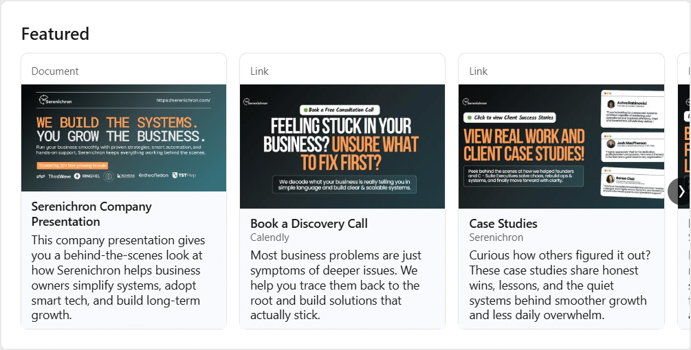 A screenshot of the Featured section on LinkedIn, with 3 usedful assets - company presentation, scheduling link, case studies link, all with media and description.