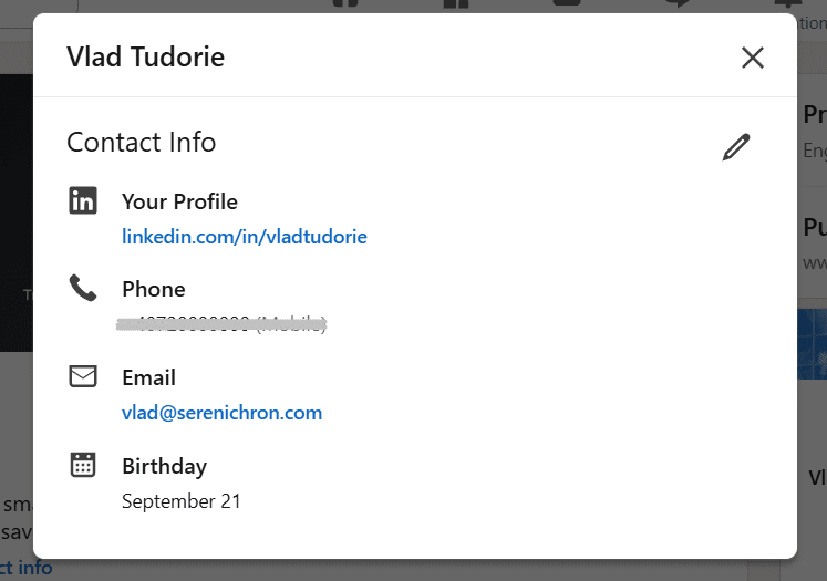 A screenshot with the Contact Info popup on linkedin, showing linkedin url, phone number, email address, and birthday.