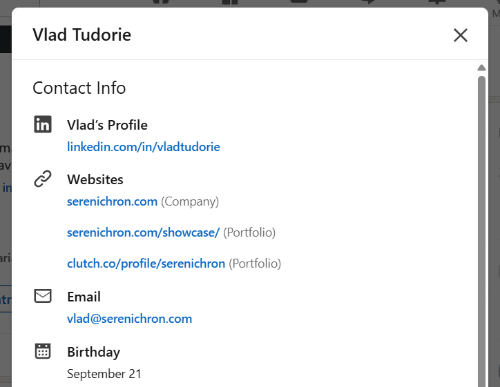 A screenshot with the Contact Info popup on linkedin, showing, in addition to linkedin url, phone number, email address, and birthday, also 3 urls.