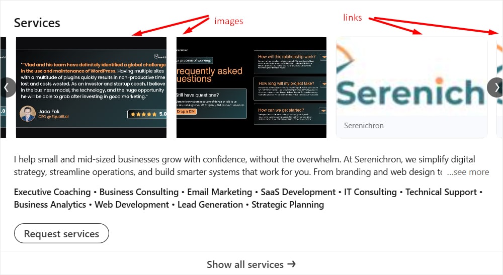 A screenshot of the Services section on LinkedIn, with media and links.